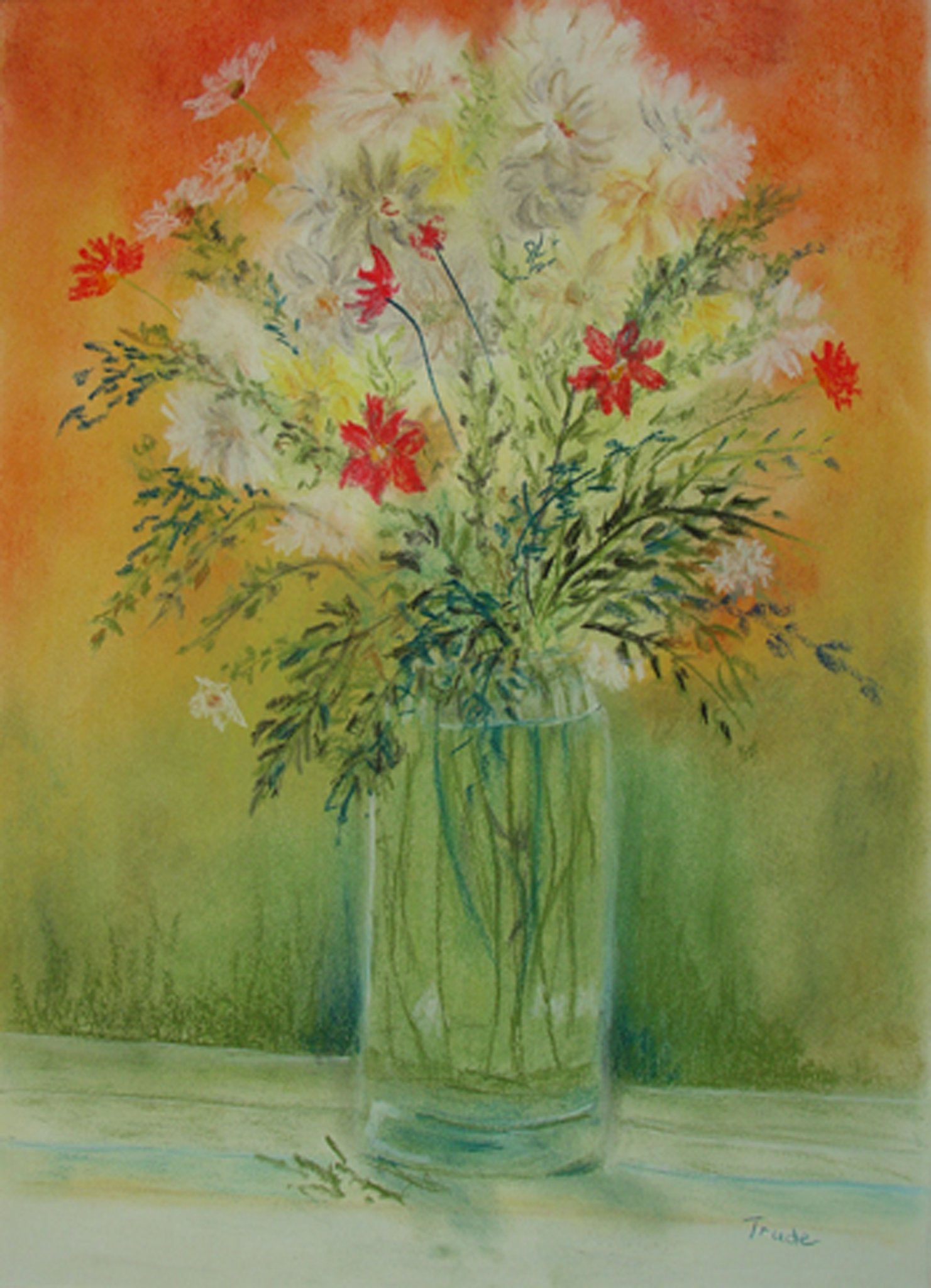 White and red wildflowers in a clear glass vase — watercolour